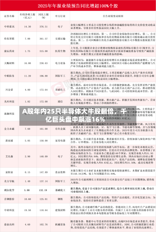 A股年内25只半导体大牛股翻倍，千亿巨头盘中飙涨16%