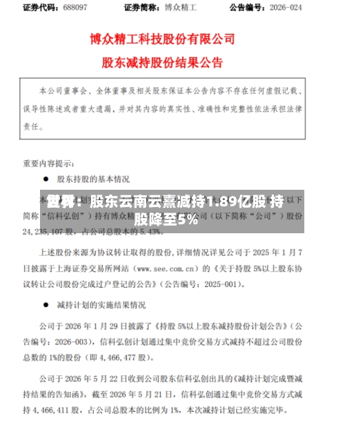 世界复材：股东云南云熹减持1.89亿股 持股降至5%